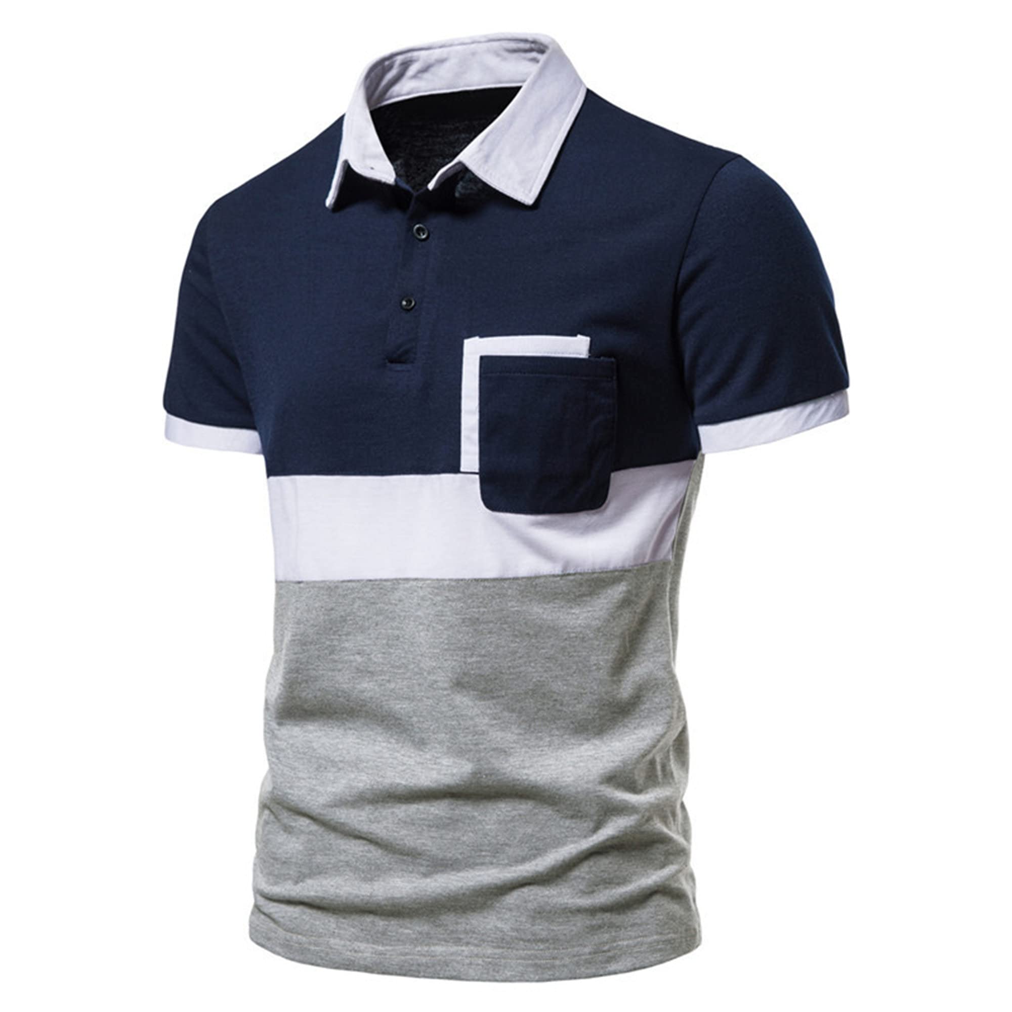 Casual Lapel Collared Waffle Shirts Patchwork Pocket T-Shirts Tees Loose Button Golf Athletic Shirt (Navy Blue,XX-Large)