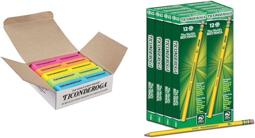 Ticonderoga Neon Erasers 30 Count and Wood-Cased Pencils 96 Count Class Pack