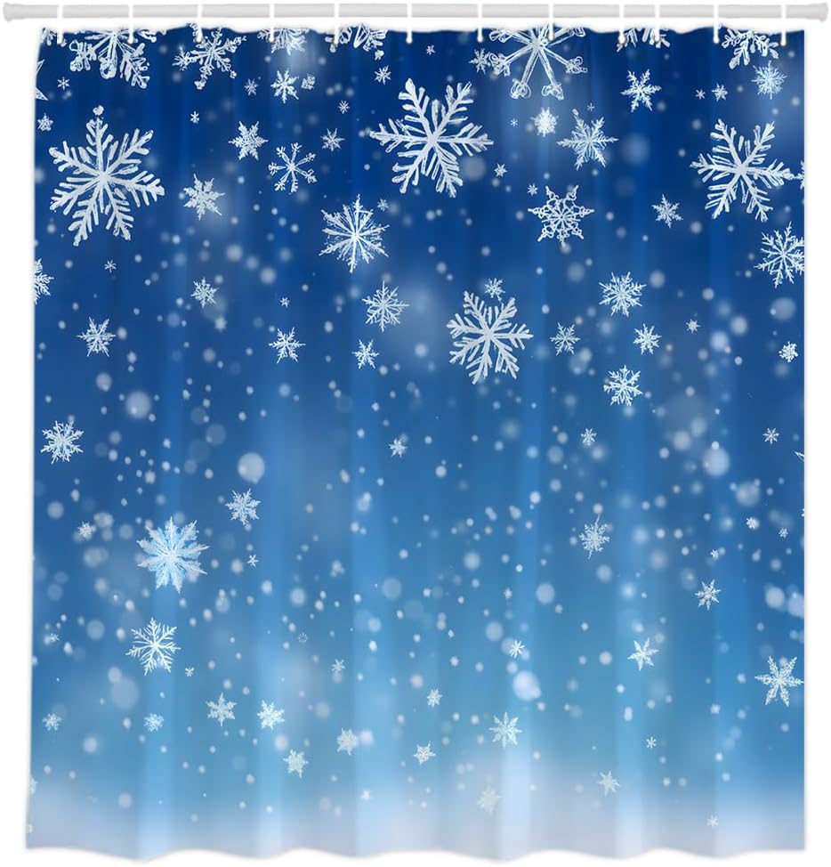 Christmas Snowflake Shower Curtain Winter Xmas Minimalism Blue Blurred Background New Year Holiday Bathroom Decor Curtain Polyester with Hooks 70" L x 108" W