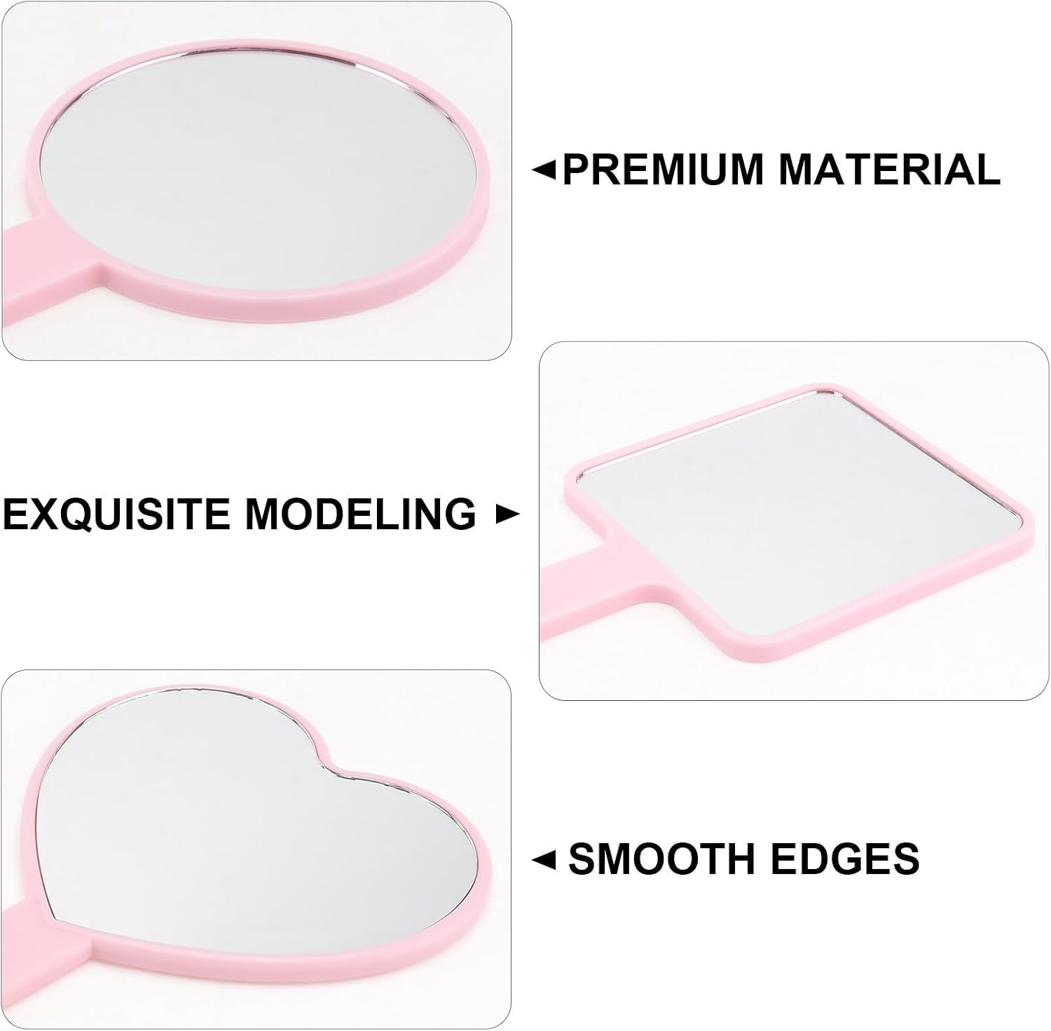 3 Pcs Pink Handheld Vanity Mirrors Set Smooth Portable Makeup Mirrors for Women Stylish Travel with Handle Square Round Heart Shapes
