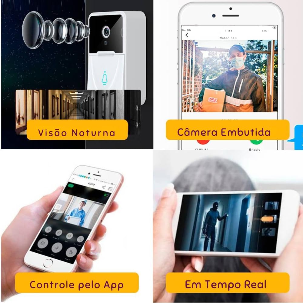 Campainha Inteligente Sem Fio com Câmera HD Visão Noturna e Áudio Bidirecional Monitoramento Wi-Fi Campainha Inteligente Sem Fio com Câmera HD Visão Noturna e Áudio Bidirecional Monitoramento Wi-Fi
