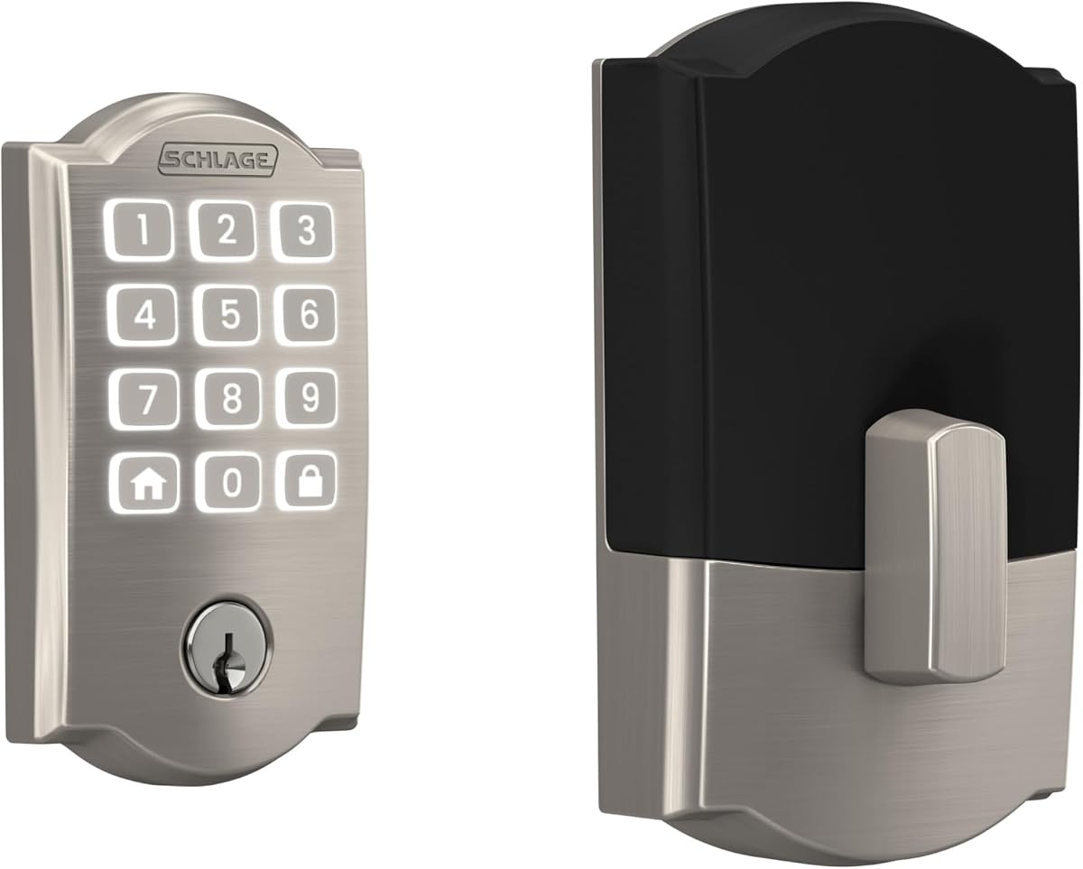 Arrive Smart WiFi Deadbolt Lock con borde Camelot, níquel satinado | Cerradura de puerta de entrada sin llave, teclado con pulsador, control de aplicación integrado, compatible con Alexa, Google Home y Ring, seguridad certificada