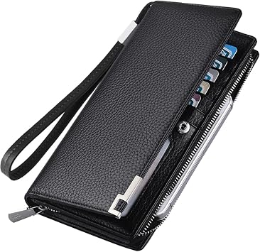 Azonee Men’s Real Leather Long Wallet RFID Blocking, Multi Credit Card Large Capacity Zipper Travel Clutch Wristlet, Classic Bifold Wallet for Men, Full-Grain Leather Bifold Wallet for Men, Black - Best Deal Finder