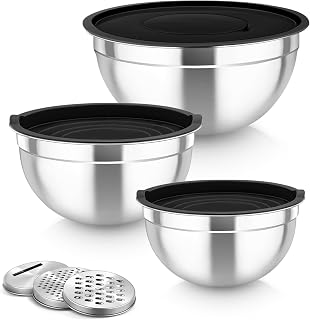 Homikit Mixing Bowl, 3-Piece Bowl Salad Bowl Set with Airtight Lid & 3 Grater Accessories, Black Bowl Set for Mixing, 1.6L/2.8L/4.6L, Stackable