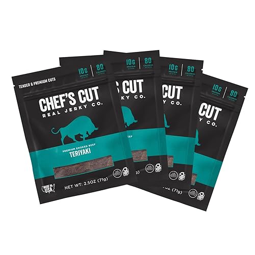 Chef's Cut Beef Jerky Meat, Teriyaki (2.5 Ounce Bags, Pack of 4) - High Protein, 10g Protein, 80 Calories, Gluten-Free, Premium Lean Smoked Beef, Keto Friendly Snack, Low Carb Snack - Teriyaki - Beef - 2.5 Ounce (Pack of 4)