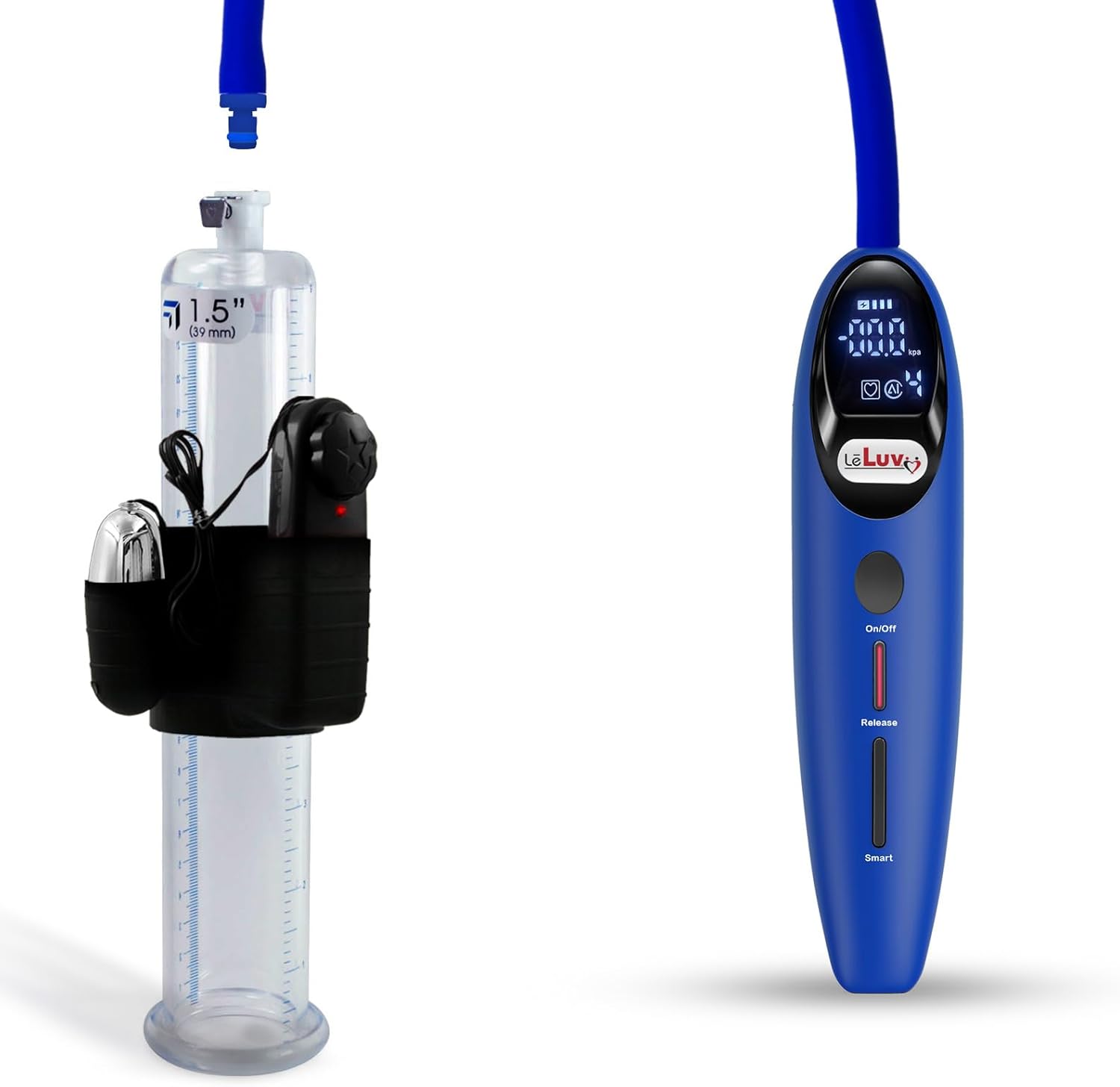 LeLuv Blue Magna Vibrating Penis Pump - 9" x 1.50" Diameter - LCD Smart Handheld USB Rechargeable Untapered Acrylic Round Flange Quick-Disconnect Cylinder