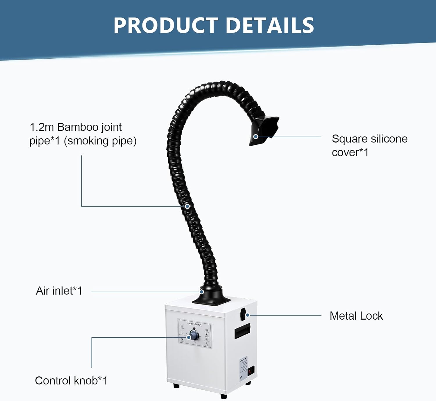 Аба кирүүчү тешикти, башкаруу туткасын, металл кулпуну жана сордуруучу түтүктү көрсөткөн түтүн чыгаргычтын белгиленген диаграммасы