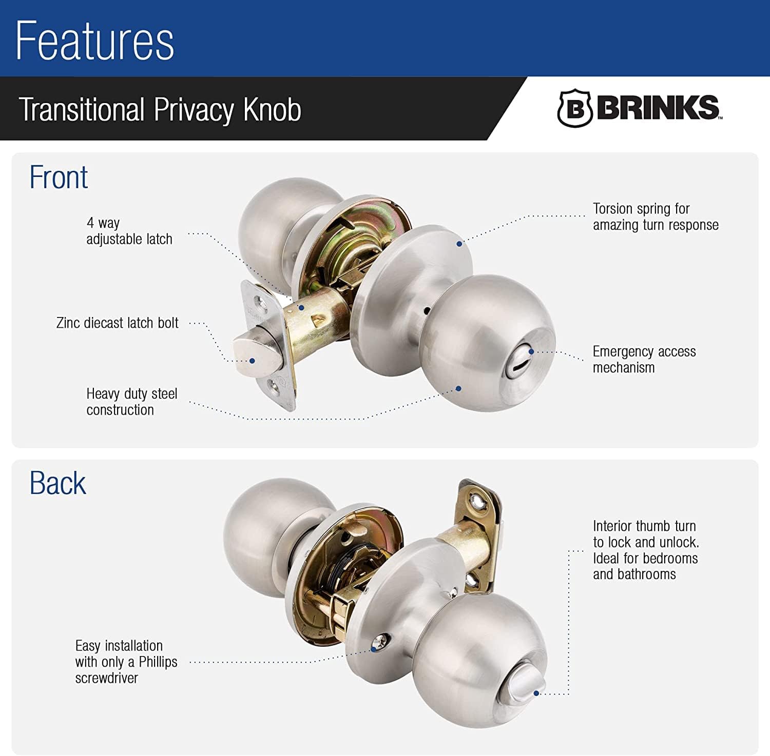 BRINKS Transitional Privacy Door Knob - Satin Nickel Interior Door Lock Set, Seamlessly Blends with Interior Décor, 6 Pack