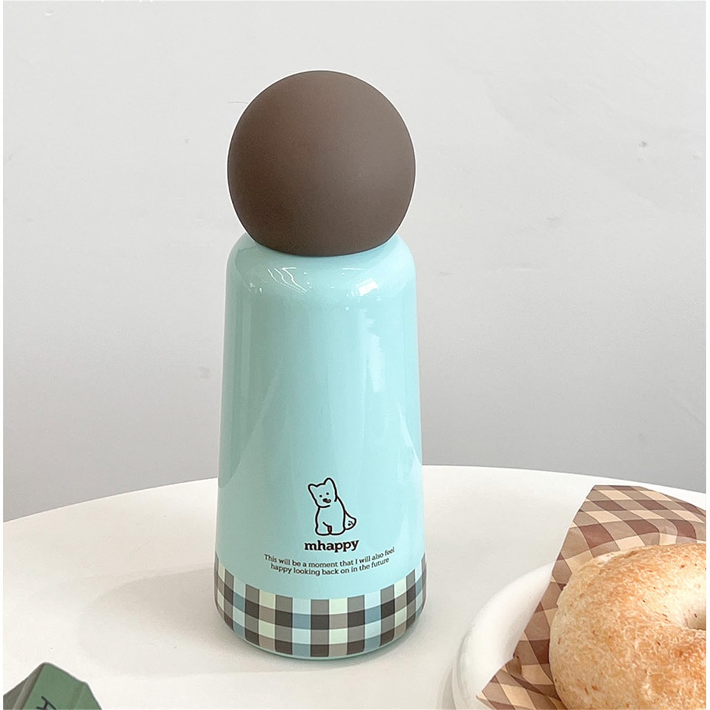 Cute Insulated Water Bottle, Stainless Steel Vacuum Flask with Round Lid, Leak Proof Travel Mug for Coffee Tea, Light Blue