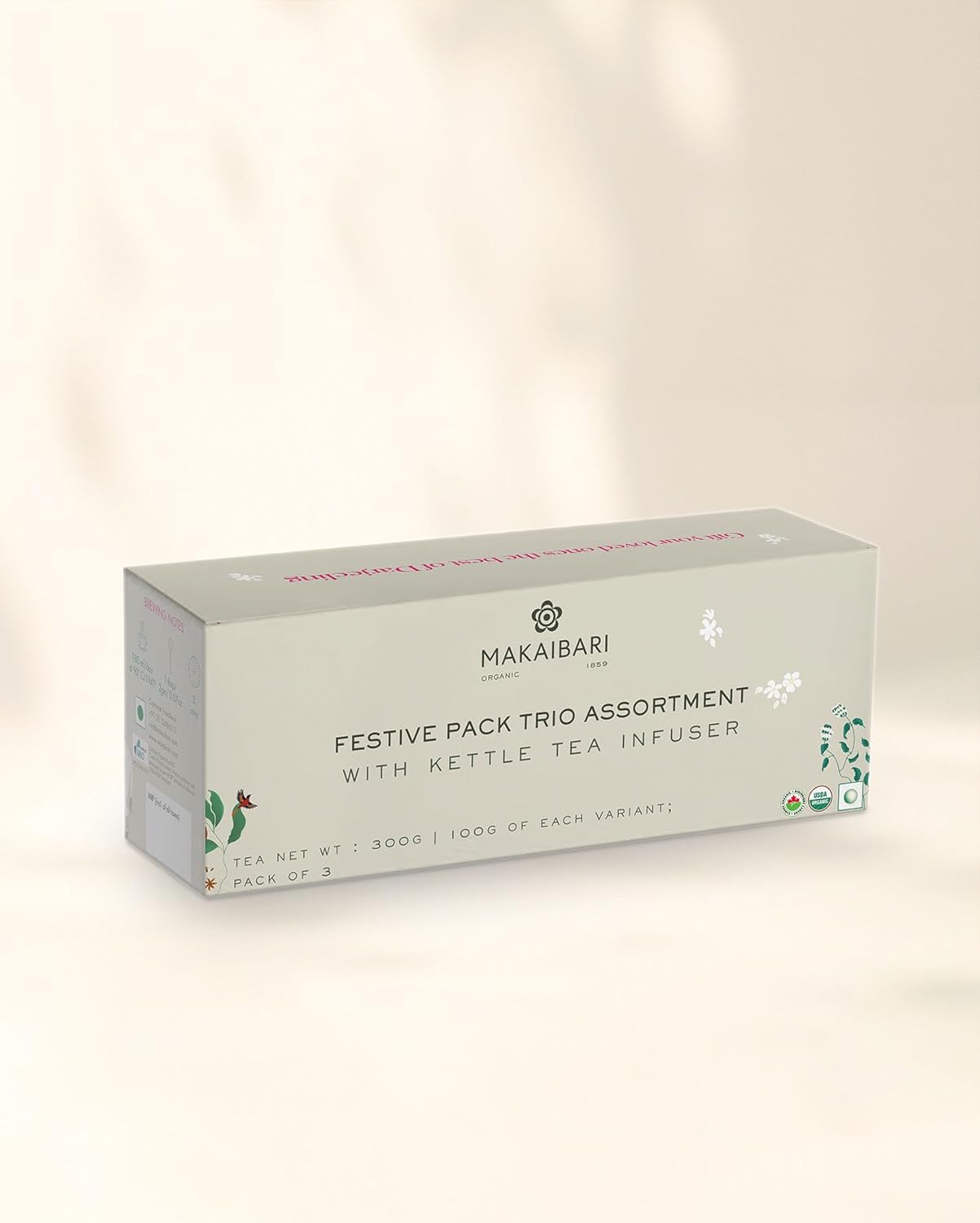 Makaibari Festive Pack Trio Assortment with Infuser: Awaken + Evoke + Revere | USDA Certified Premium Darjeeling Tea | Anti-Oxidants, Immunity Booster | Tin Caddy | 100g x 3 (300g/10.58oz)