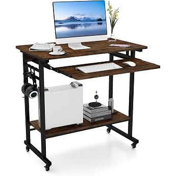 COSTWAY Desk with Wheels Keyboard Tray Space Saving Computer Desk PC Table with Bottom Shelf and Hooks Industrial Laptop Table for Home Office Brown