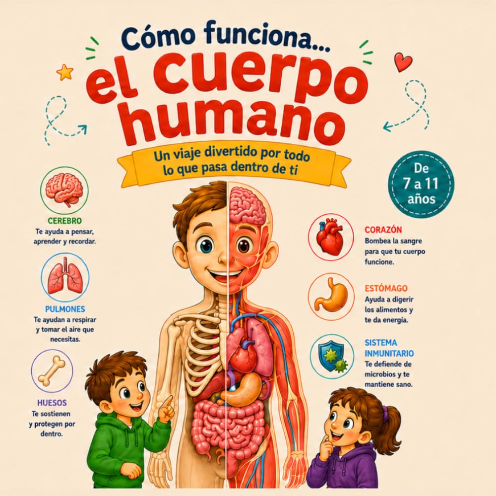 Cómo Funciona el Cuerpo Humano: Libro Educativo sobre Anatomía para Niños para Conocer los Órganos, Huesos, Músculos, Digestión, Cerebro y los Sentidos. Con Curiosidades.