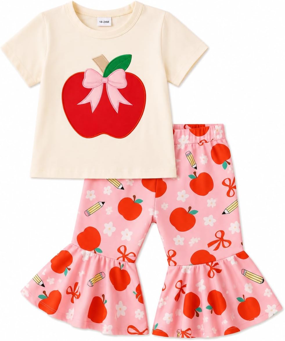 Back to School Outfits for Girls Apple Pencil Shirt and Bottom Set for Toddler and Little Girls