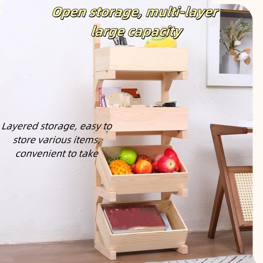 Sturdy Solid Wood Storage Shelf, Fruit Stands for Kitchen, Multifunctional Floor Storage Rack, Suitable for Bedroom, Kitchen, Living Room(Light Brown,29.9in)