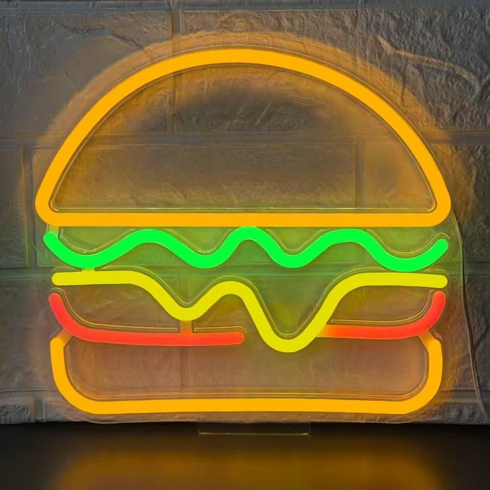 Burgers Open Neon Sign Dimmable Hamburger LED Lights for Wall Bar Party Fast Food Shop Kitchen Restaurant Cafe Room Decor Gift USB Powered