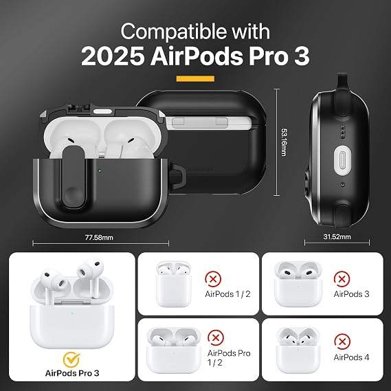 MAGEASY Odyssey AirPods Pro 3 ケース 耐衝撃保護カバー ロック付き カラビナクリップ&リストストラップ ワイヤレス充電対応 落下保護 Apple AirPod 第3世代メタルサンド
