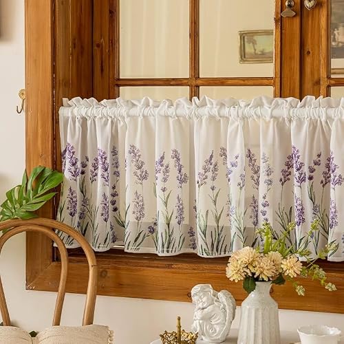 Devola Cortina corta de lavanda semitransparente con diseño de flores, cortina de cocina, estilo rústico, decoración para ventanas, para baño, salón y café, alto x ancho, 40 x 90 cm, color blanco, 1