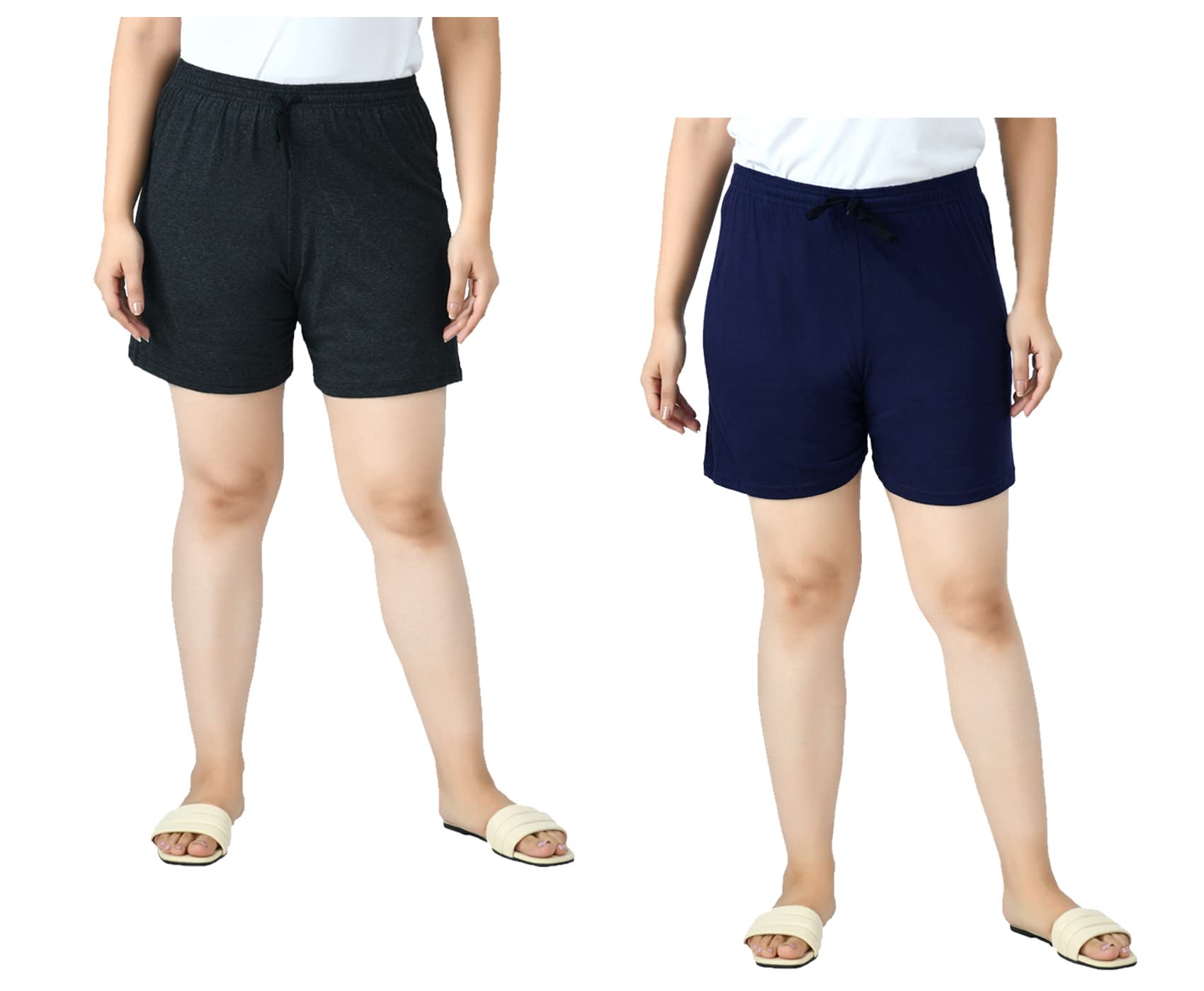 indi weaves Pack of 2 Women Cotton Plain Shorts with Drawstring Elastic Waist Comfortable Casual Lounge Shorts Breathable Fabric Summer Wear Sleepwear Shorts for Women-picture-23