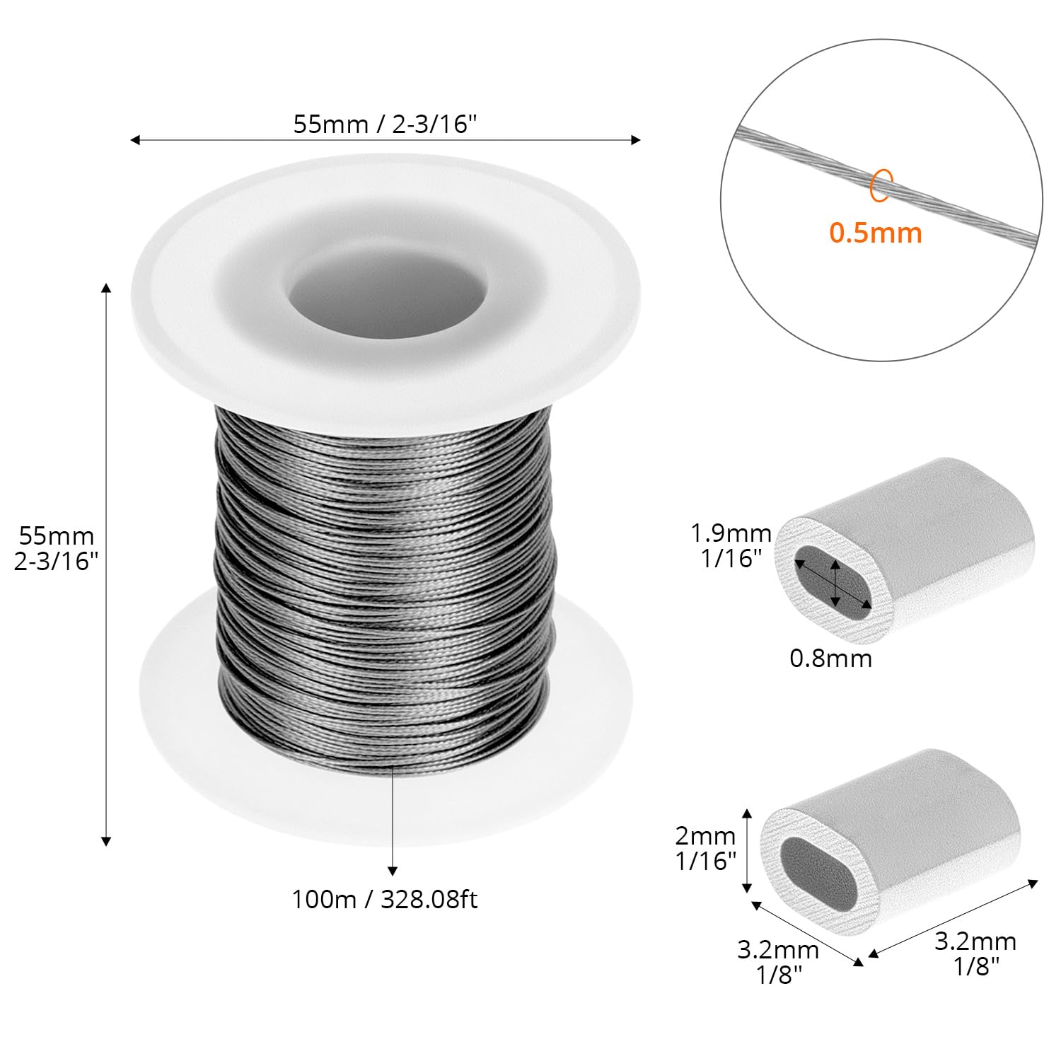 QWORK Drahtseil 100 m, 0,5 mm 304 stal szlachetna ramka na zdjęcia drut wiszący z 30 aluminiowymi zaślepkami zaciskowymi, do ramek na zdjęcia, lustra