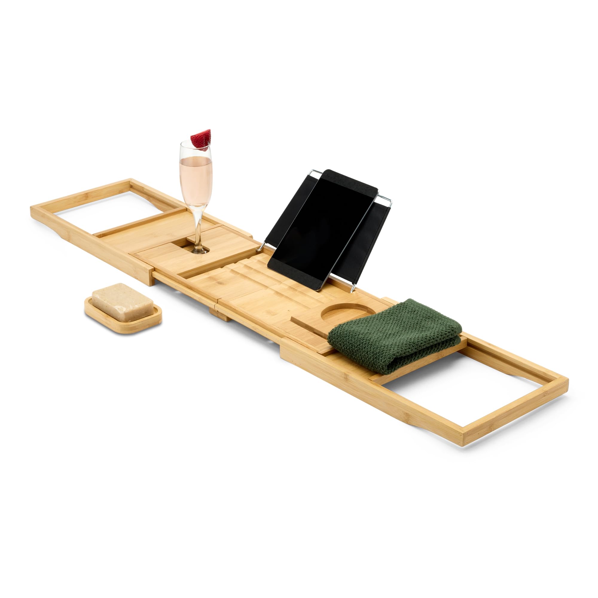 Amazon Basics Bath Tray, Bamboo Bathtub Caddy, Expandable and Foldable, Anti-Slip Grips