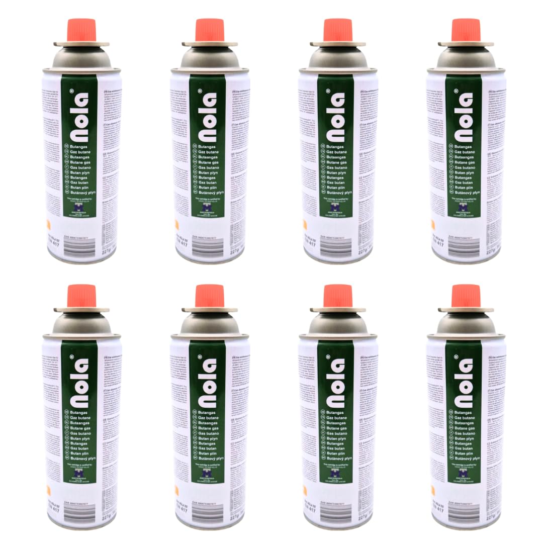 NOLA Lot de 8 cartouches de gaz butane - 227 g - Avec valve (baïonnette) - Cartouches de gaz universelles pour réchaud de camping, chauffage au gaz, désherbeur et appareils d'extérieur - Article 707