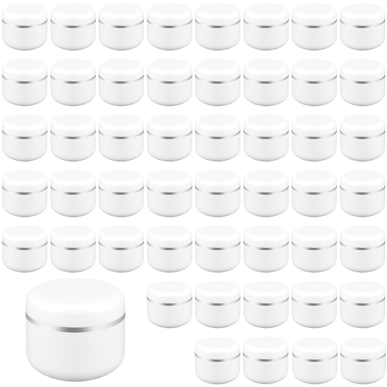 50 barattoli per campioni di cosmetici, 50 g, in plastica, ricaricabili, vuoti, con coperchi a cupola argentati, per articoli da toeletta, trucco, creme di bellezza