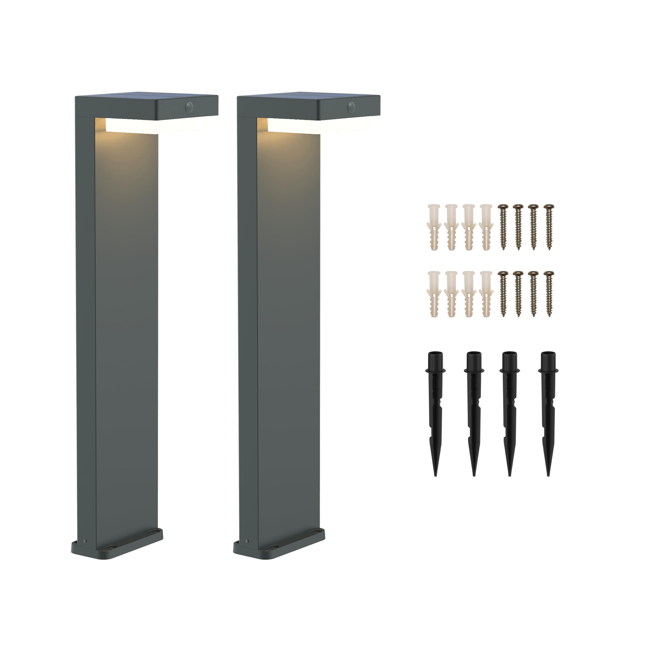 BOLD 2x LED Solar-Wegeleuchten mit PIR Bewegungssensor - Gun Grey | IP44 Solarlampen Set - 3000K Warmweiß - 180 lm Gartenleuchten - Erdspieß o. Schrauben - USB-C & Solar Ladung - 2000 mAh