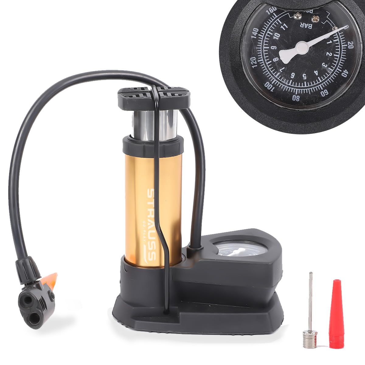 Strauss Portable High Pressure Foot Air Pump with Needle | Lightweight Compressor Air Pump for Car,Bike,Bicycle,Football,Scooter | Extra Pressure Gauge |Pump Fits Universal Presta and Schrader,(Gold) (B0C4FJB25M) Amazon Price History, Amazon Price Tracker