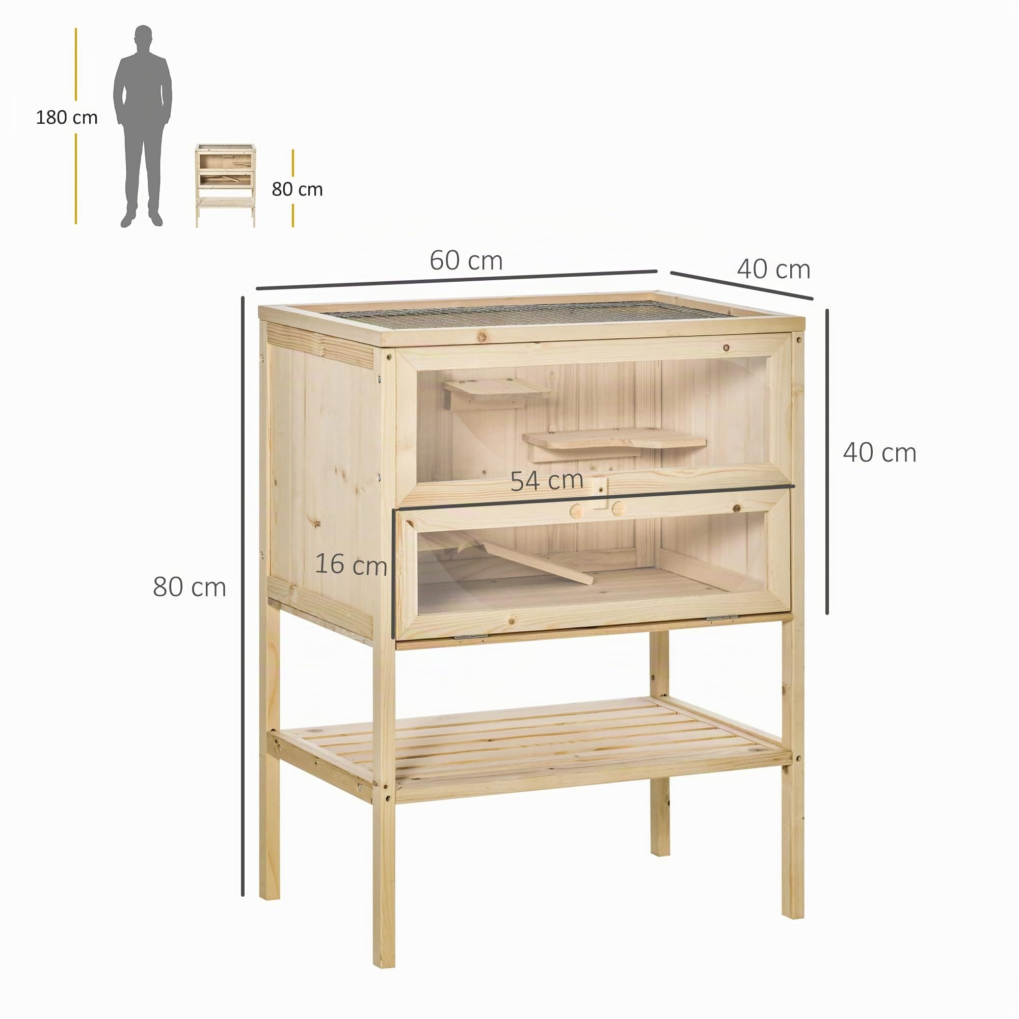 PawHut Cage Hamster en Bois 3 Niveaux, Habitat pour Rongeur 60x40x80cm
