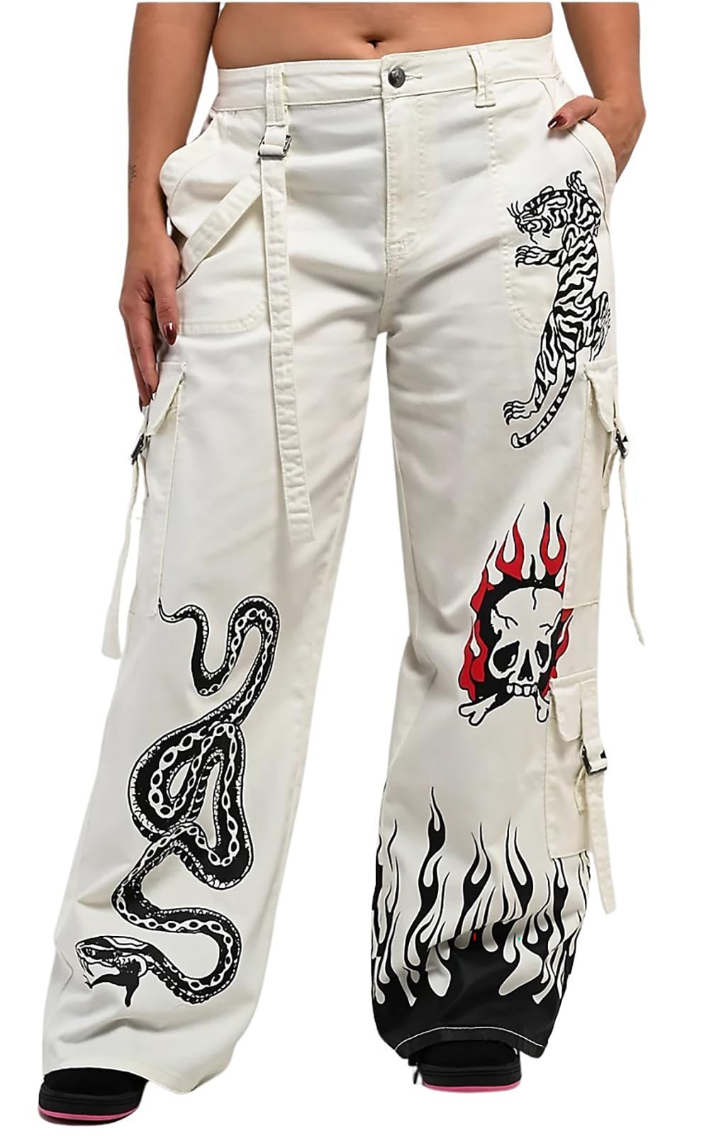 ED HARDY Womens Fire Skull White Cargo Pants