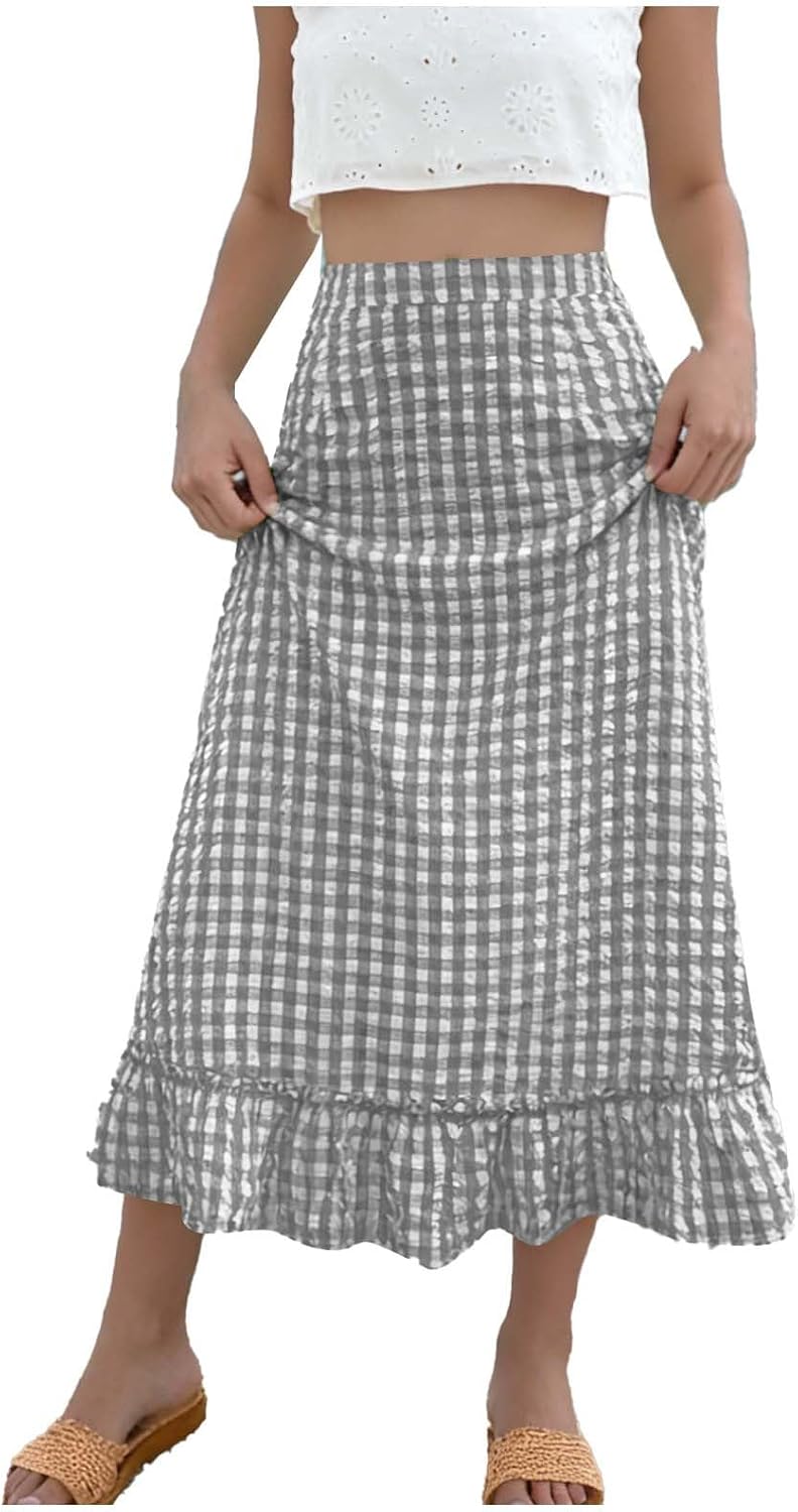 Women's Cute Plaid Maxi Skirts A Line Pleated Elastic High Waisted Gingham Summer Swing Long Skirt Beach Clothes