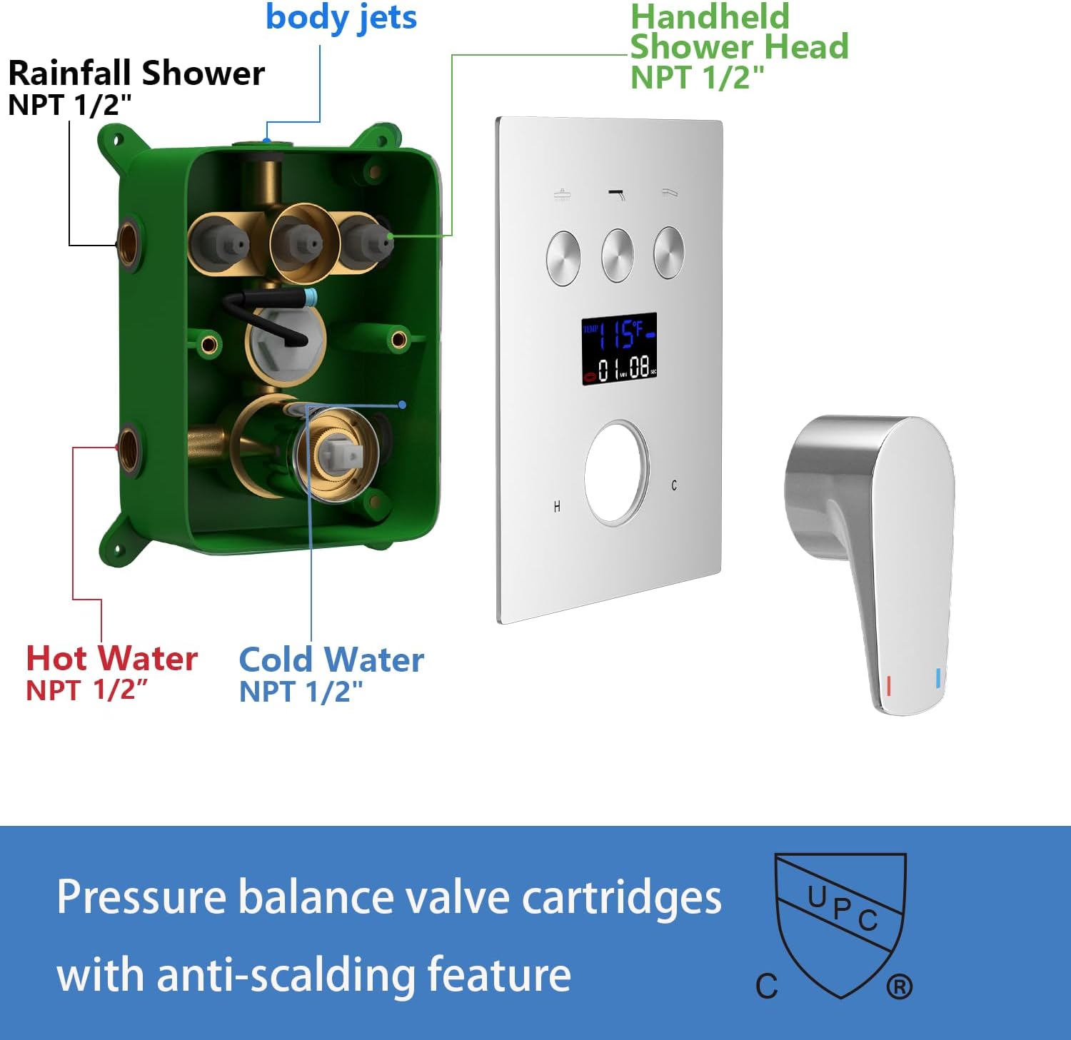Chrome Pressure Balancing Shower Valve 3 Function Temperature Display Shower Diverter Valve Shower Trim Kit with Cartridge Wall Mounted Brass Male Thread Rough-In Valve