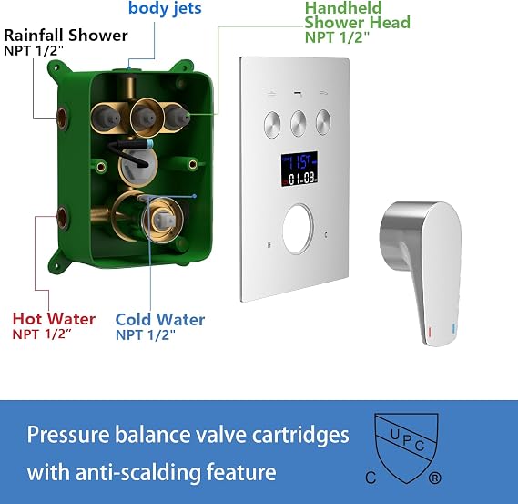Chrome 12 Inch Shower Faucet Set,3-Function Shower System