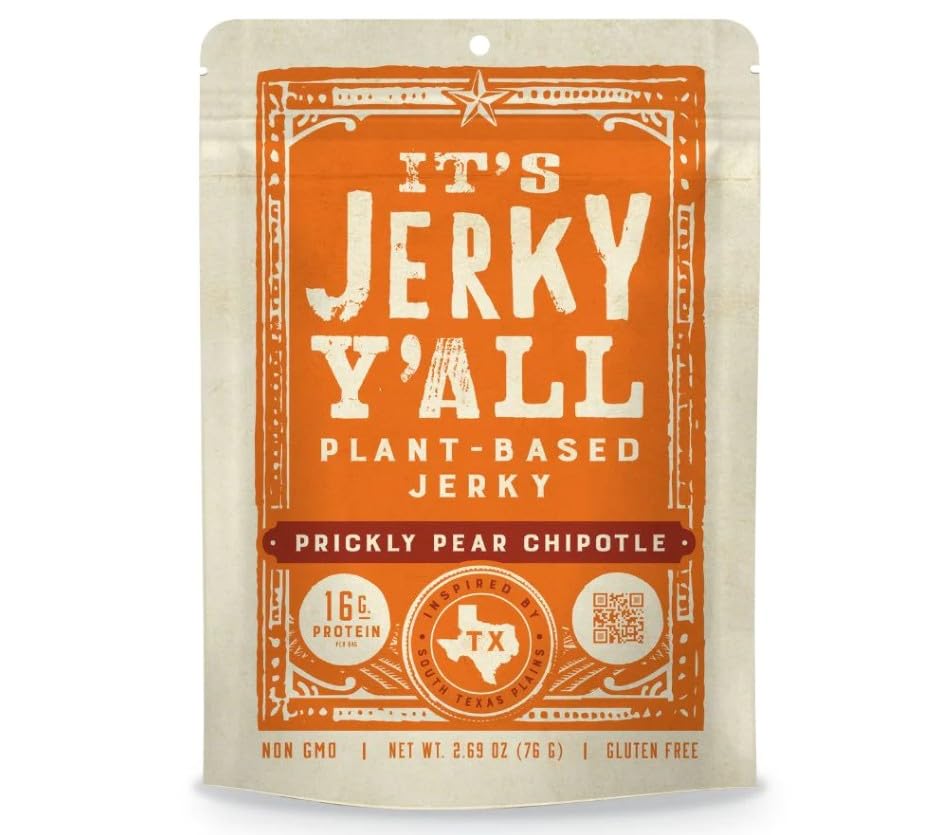 It's Jerky Y'all Prickly Pear Chipotle Plant Based Jerky, Veganes Jerky aus Soja mit Kaktusfeige & Chipotle, Proteinreicher Snack aus Texas – Glutenfrei, Non-GMO, Pflanzlicher Fleischersatz