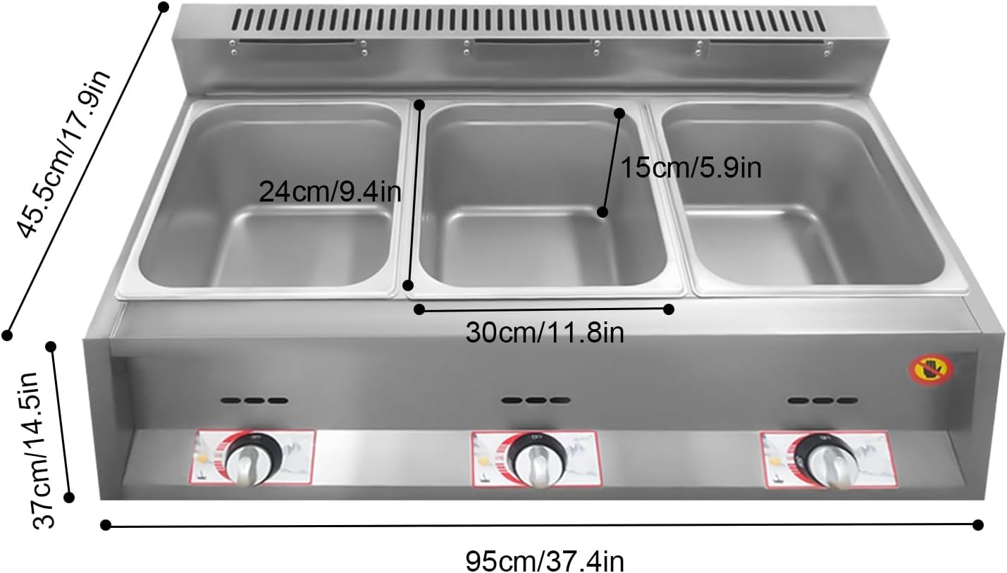 Commercial Food Warmers, 18L 3-Pan Food Warmer Adjustable Temp Gas Fryer Restaurant Tabletop Stainless Steel Steam Table, Noodle Cooker and Catering Food Warmer for Home and Restaurant Use (3 Pots)