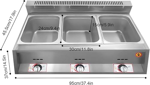 Miniatura 7 de Calentador de alimentos a gas, freidora comercial de 3 sartenes, propano GLP de acero inoxidable a gas Bain Marie Buffet vaporizador de encimera con