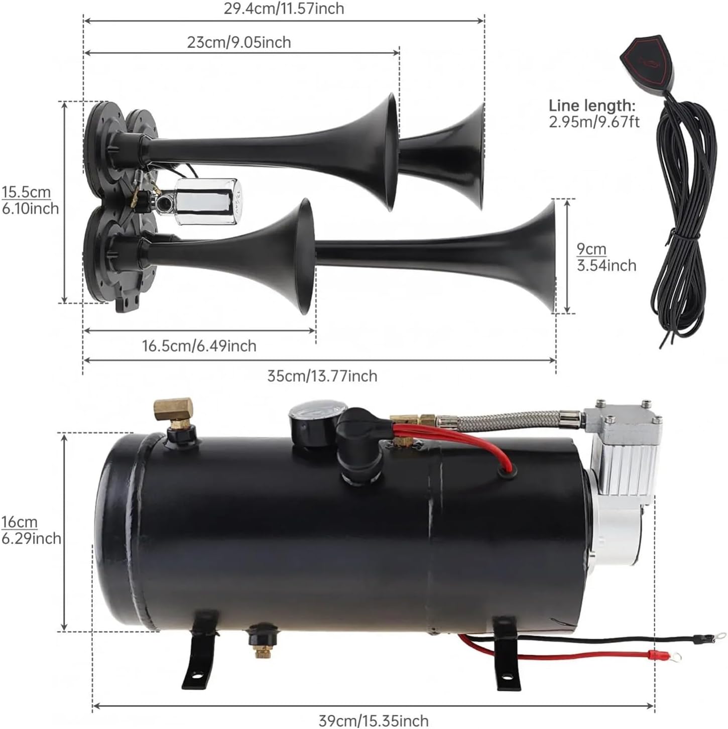 12V 185db 4 Trumpet Train Horns Kit Musical Sound Air Horn with 150 PSI 3L Air Compressor Air Horn Compressor Tank