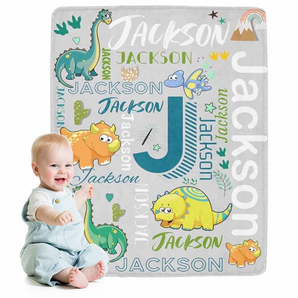 Artsadd Personalized Dinosaur Fleece Throw Blanket for Boys Baby Toddler Infants Blankets for Bed Custom Name Blanket for Christmas Birthday Shower
