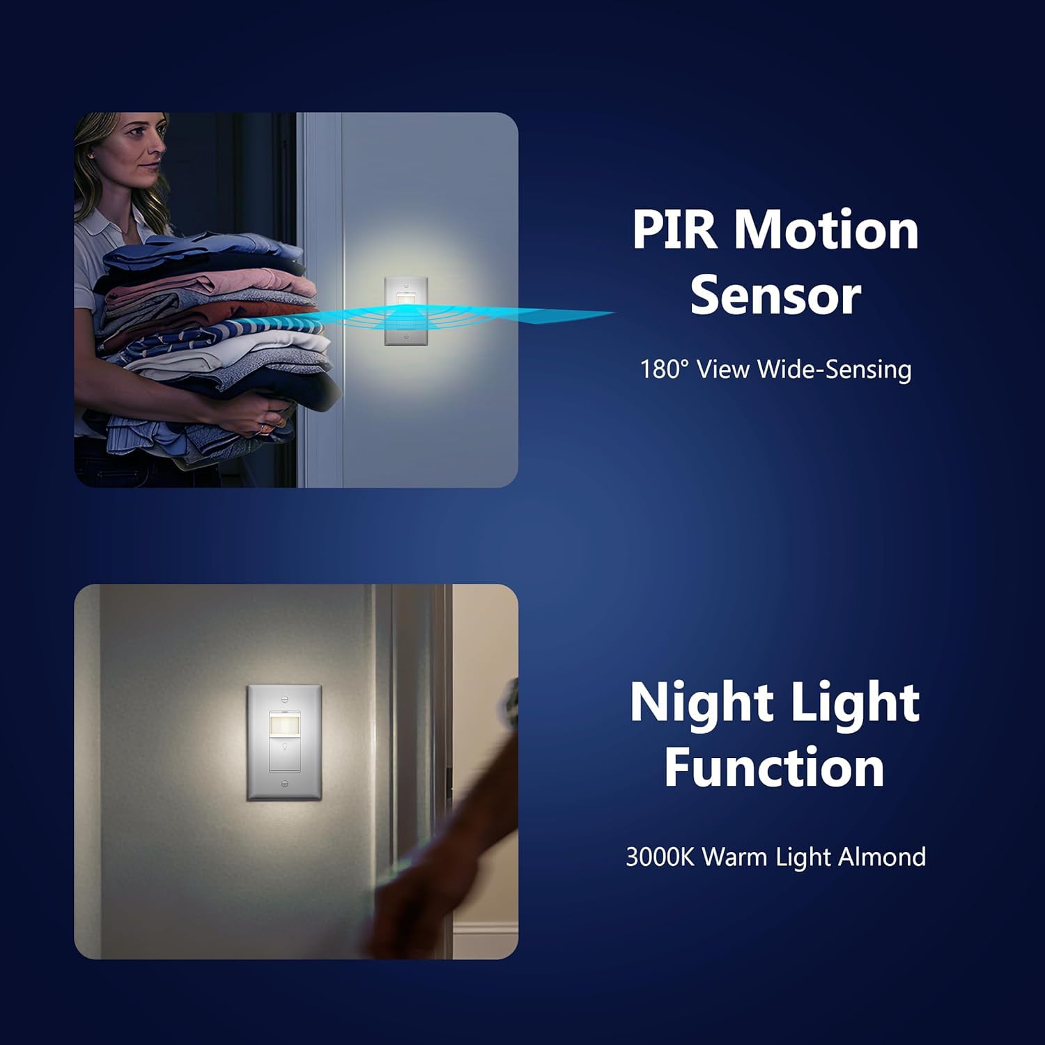 LIDER PIR - Interruptor de sensor de movimiento de vacante con luz guía LED, cobertura de 1200 pies cuadrados, sin neutro, sin tierra, retardo de tiempo ajustable, certificación UL, placa de pared