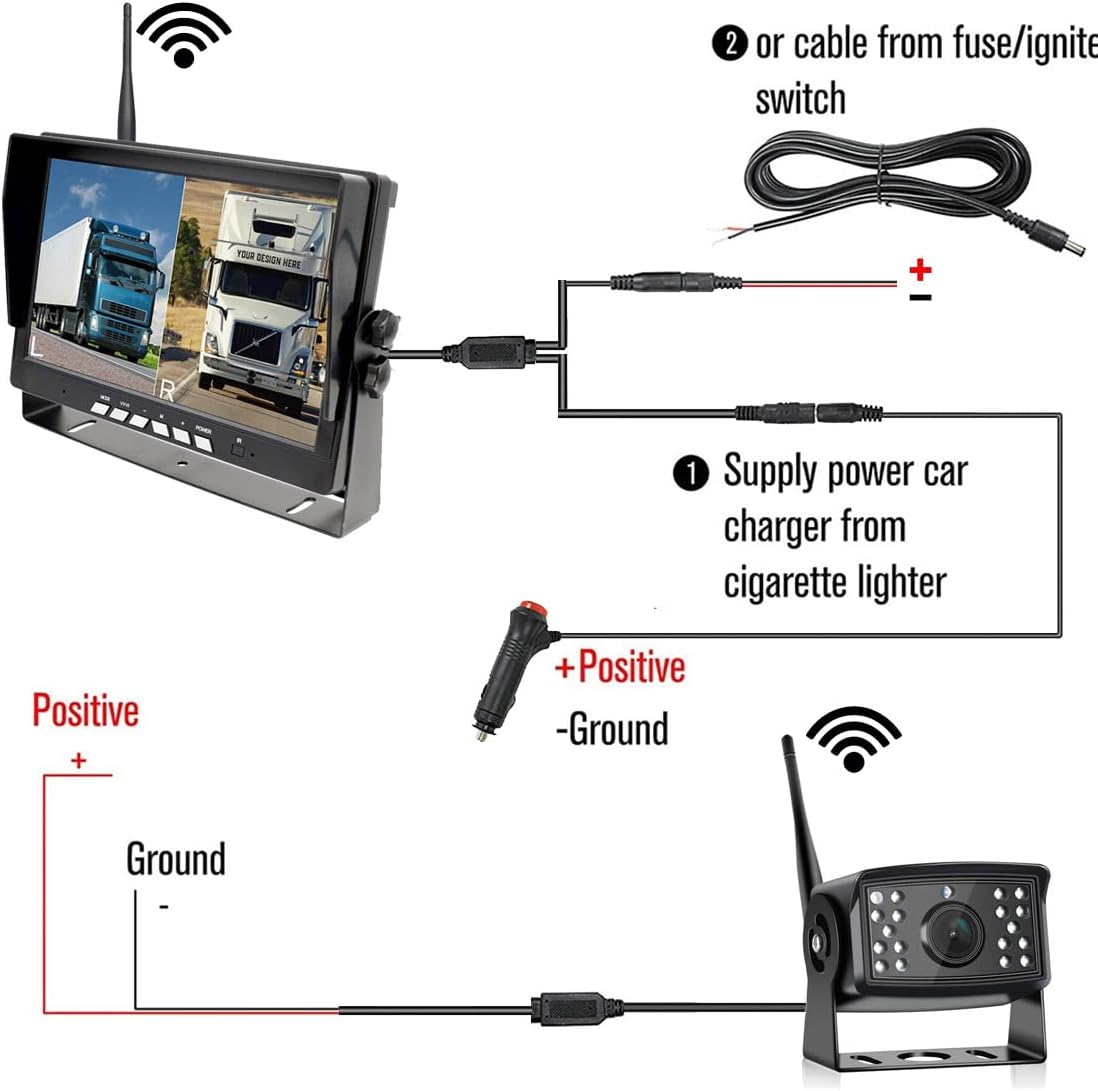 Vehicle 720P Digital Wireless Backup Camera System 7inch AHD IPS Monitor 1024X600 DVR Loop Recording+IP69K Waterproof IR Wireless Reversing Camera Dash Camera for Car Truck Bus RV Trailer