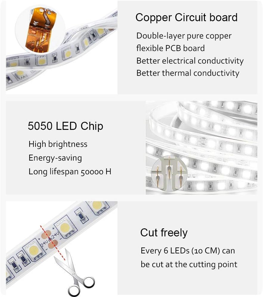 ALITOVE 32.8ft LED Strip Lights Daylight White Waterproof IP67 6000K 10m 600 LEDs 5050 with 24V DC Power Supply for Kitchen Bedroom Garden Backyard Hallway Stair Under-Cabinet Closet Decor Lighting
