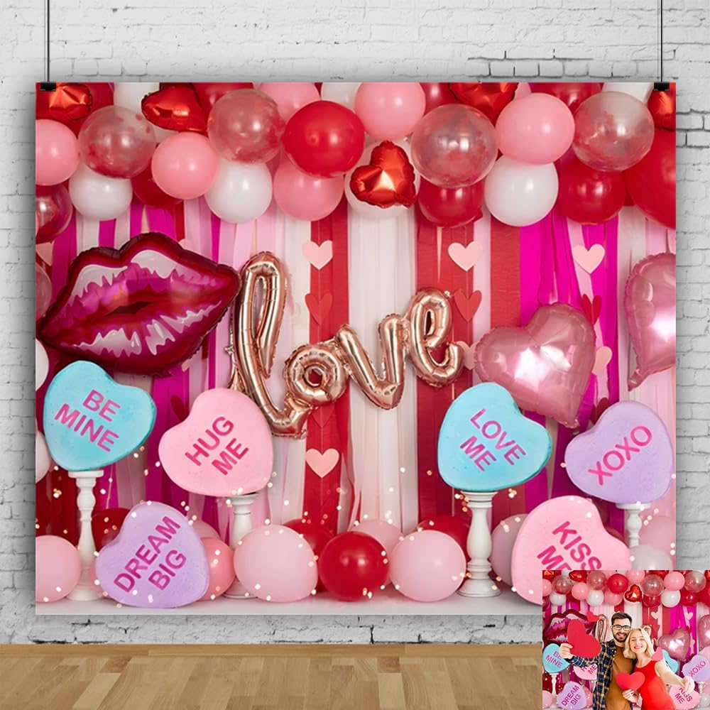 Valentines Backdrop for Photography 10x8ft Pink Balloons Sweetheart Candy Hearts Valentine Photo Background Valentine's Party Decorations Banner Photo Booth Props