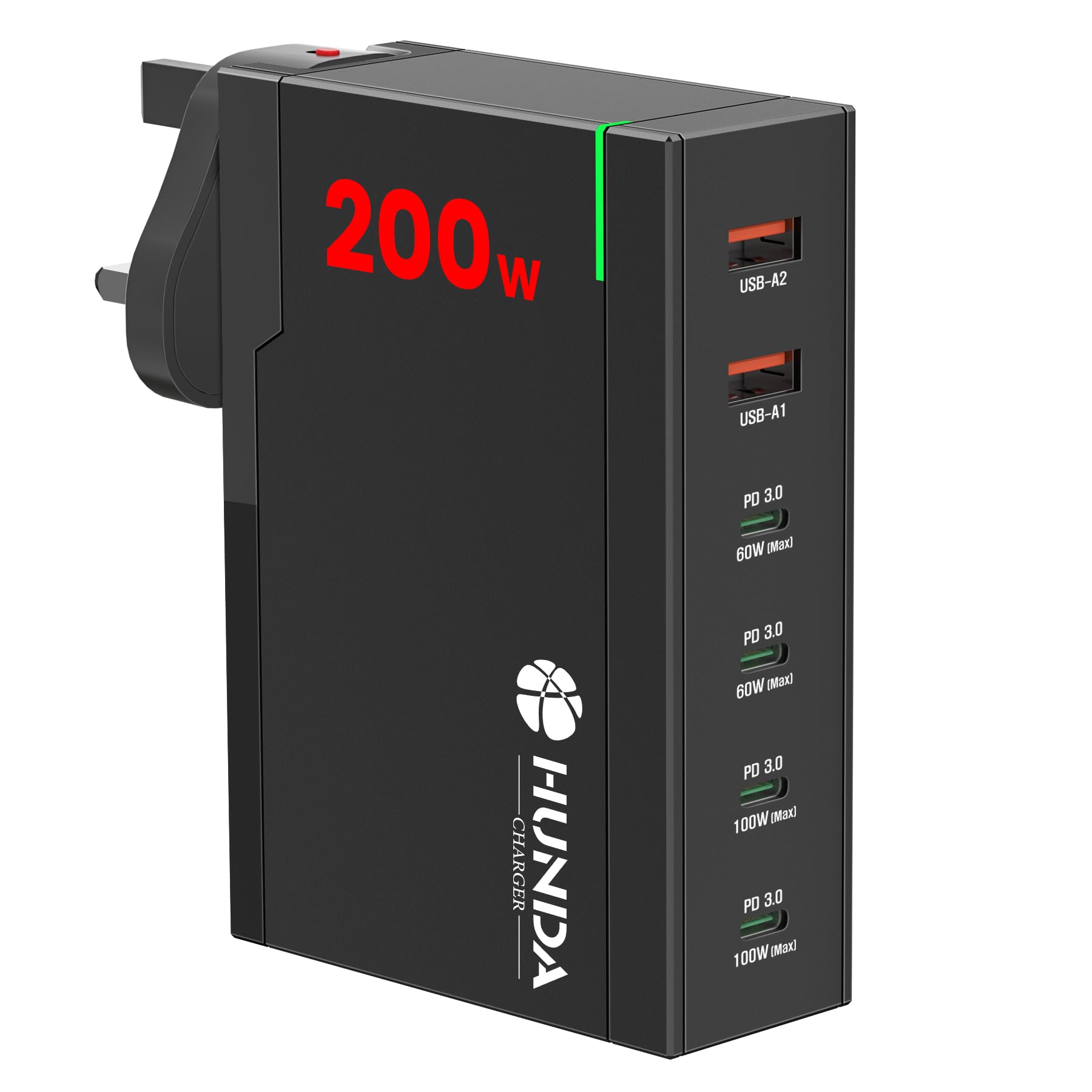 HUNDA 200W-USB-C-Charger GaN PD-Charger 6-Ports USB-C-Fast-Charger, Support 100W PD3.0/PPS/QC4+/QC3.0 Compatible with MacBook Pro/Air M1,iPad,iPhone,HP,Dell,etc