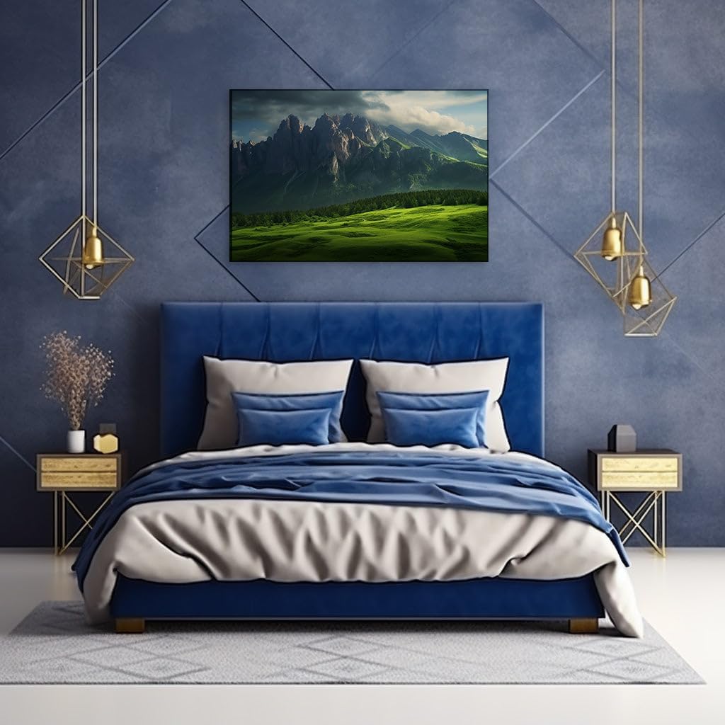 Canvas for Living room. Majestic Peaks and Meadow Tranquility: Nature's Masterpiece Unveiled, 27 x 18 inch Canvas Wall Art - Contemporary Masterpieces - Modern Home Decor