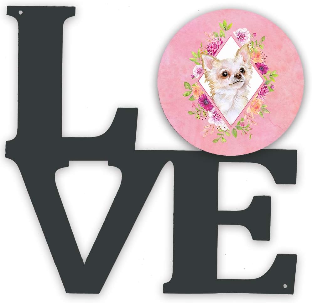 Caroline's Treasures CK4127WALV Long Hair Chihuahua Pink Flowers Metal Wall Artwork Love Indoor Outdoor Art Decor Patio, Bathroom, Kitchen Colorful Aluminum and Black Steel Sculpture