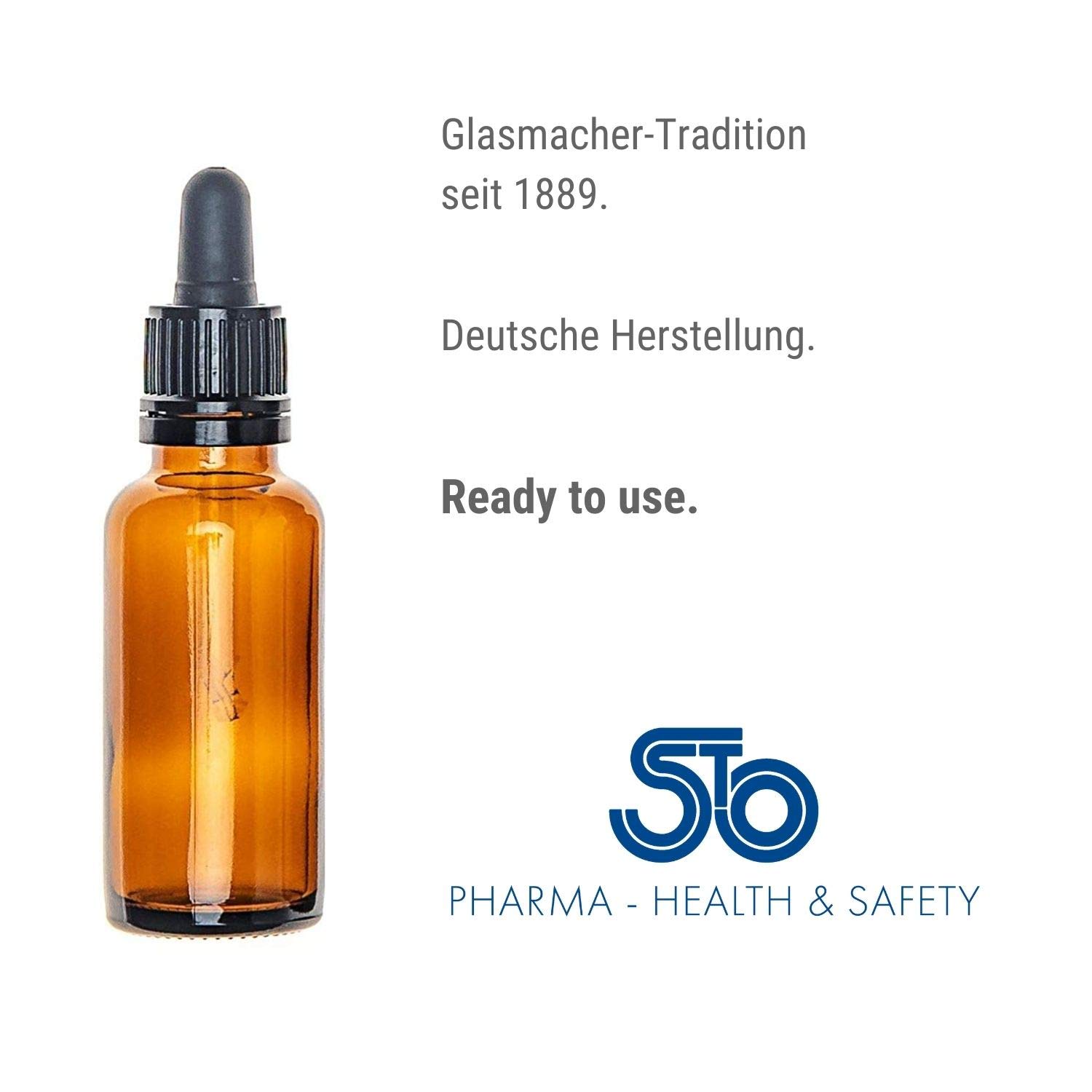30 ml butelka z brązowego szkła, 24 sztuki w bezpiecznym opakowaniu, z pipetą czarna, jakość farmaceutyczna, wyprodukowana zgodnie z GMP ISO 13485, "Ready to use" – do natychmiastowego użytku, bez spłukiwania