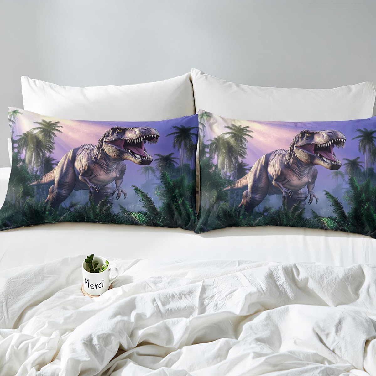 Jungle Dinosaur Duvet Cover Set Toddler Size Fierce Tropical Animal Bedding Set for Kids Girls Boys Coconut Tree Leaves Comforter Cover Dreamy Purple Sky Quilt Cover,1 Pillowcase(No Comforter)