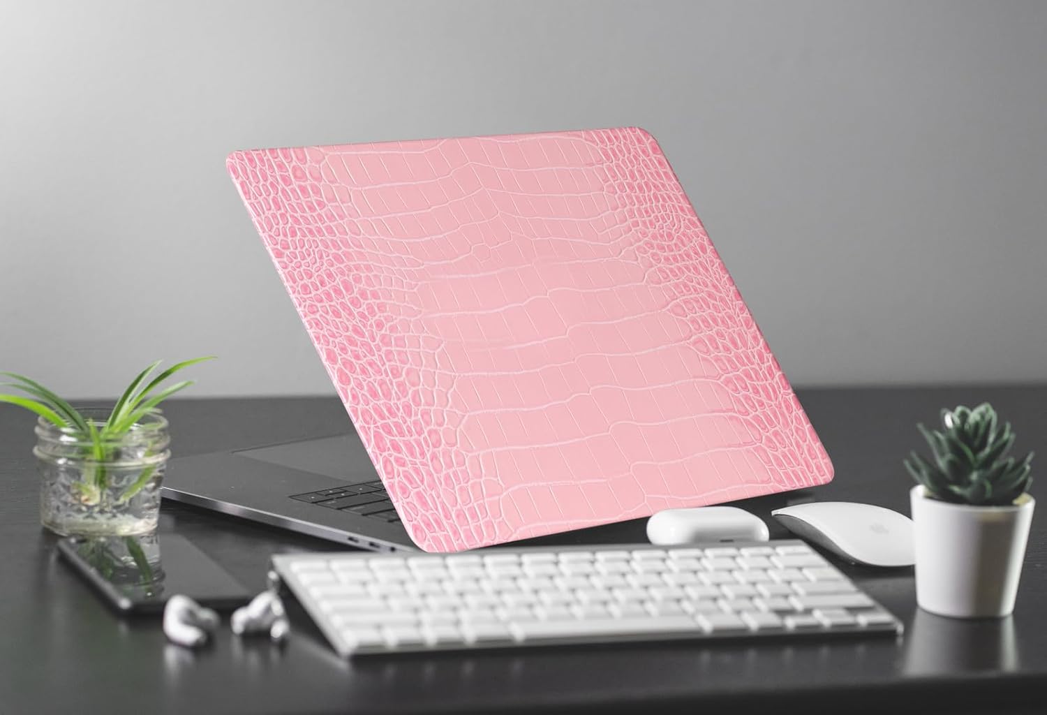 KEROM Crocodile Case for MacBook Pro 16 inch 2024-2021 M4 M3 M2 M1 Pro/Max Chip A3403 A3186 A2991 A2780 A2485, Aligator Skin Snakeskin PU Leather Hard Shell & Keyboard Cover, Pink