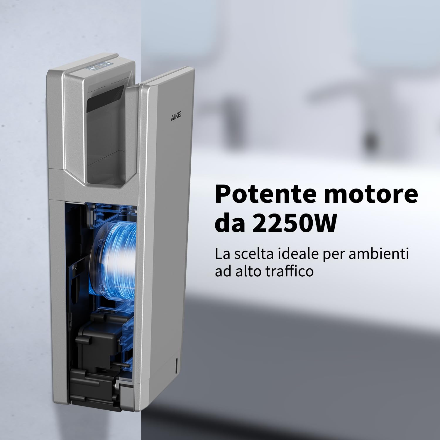 AIKE Swift Asciugamani Elettrico Professionale con Filtro HEPA, Design Geometrico, Flusso Aria 90M/S, per Bagni ad Alto Traffico, 1850W 220V Argento