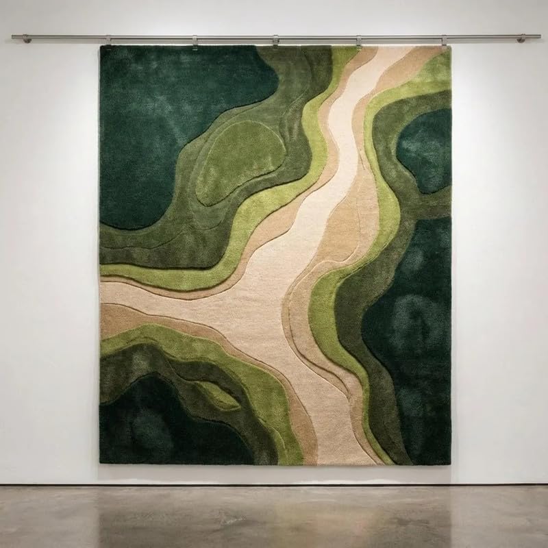 Hand Tufted Wool Area Rug 8x11 Ft (96x132 Inch) Modern Abstract Green Beige Carpet for Living Room Bedroom Soft Thick Handmade Luxury Rug